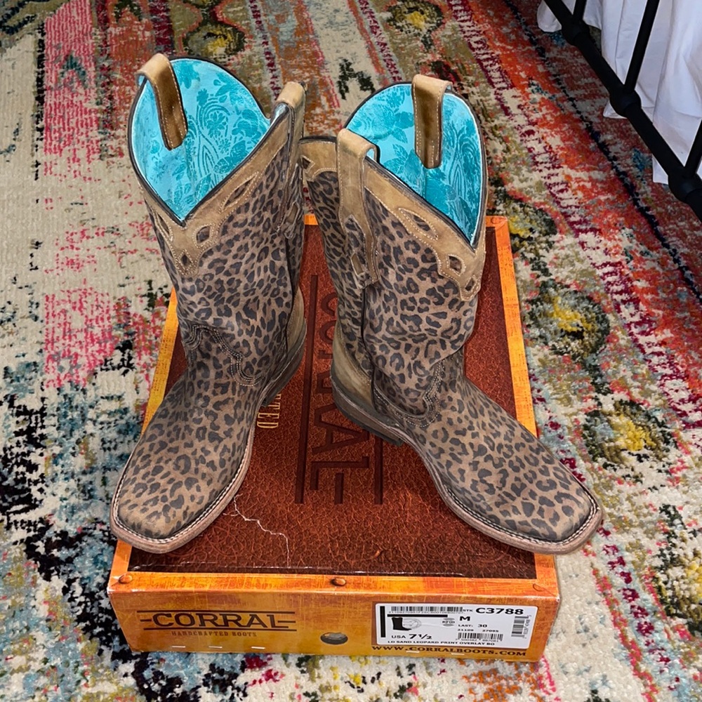 Corral Sand Leopard Square Toe Boots